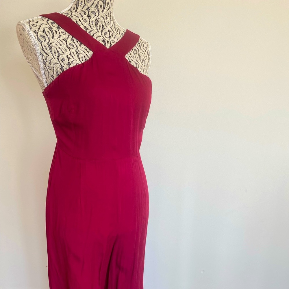Full length maroon flowy romper; halter top